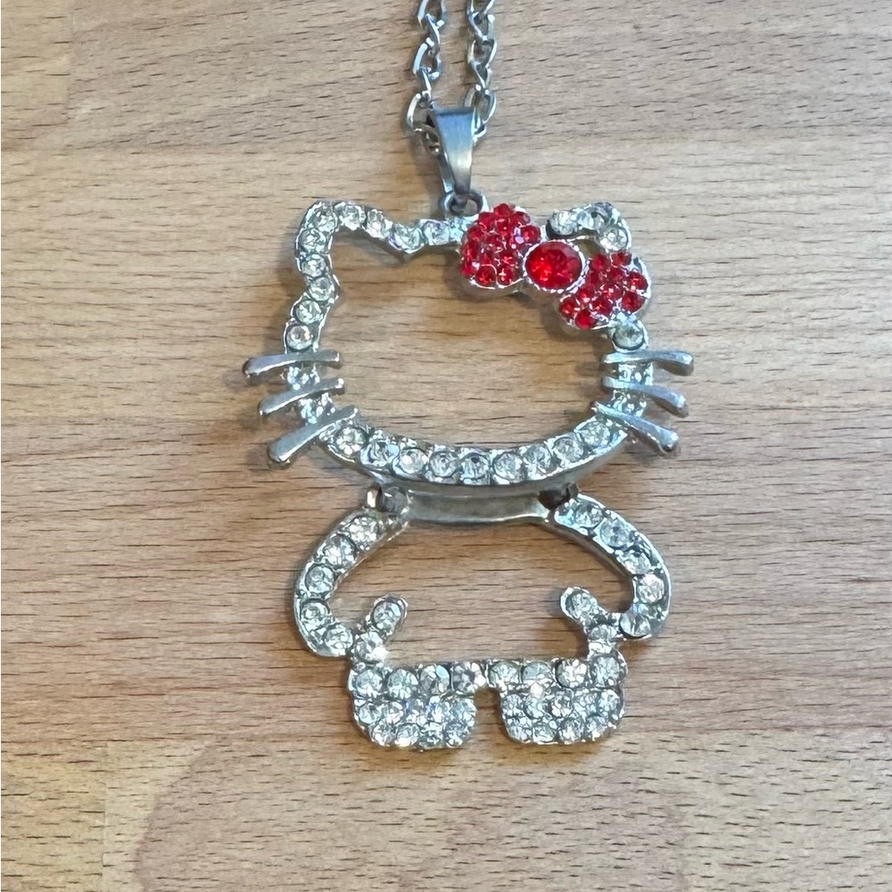Large Rhinestone Hello Kitty Pendant Necklace with Red Rhinestone Bow